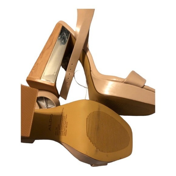 Aldo tan open toe stacked gold mirrored wooden platform heels size 10‎ brand new - Picture 8 of 14